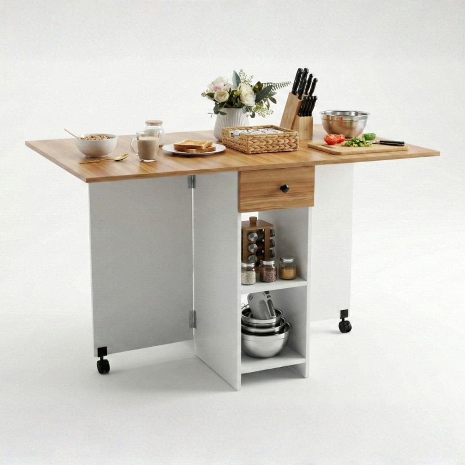 FFO Folding Dining Table for Small Spaces | Compact Table with Drawer & Storage Shelves | Red Oak & White Finish | 120 x 72 x 75 cm | DIY.