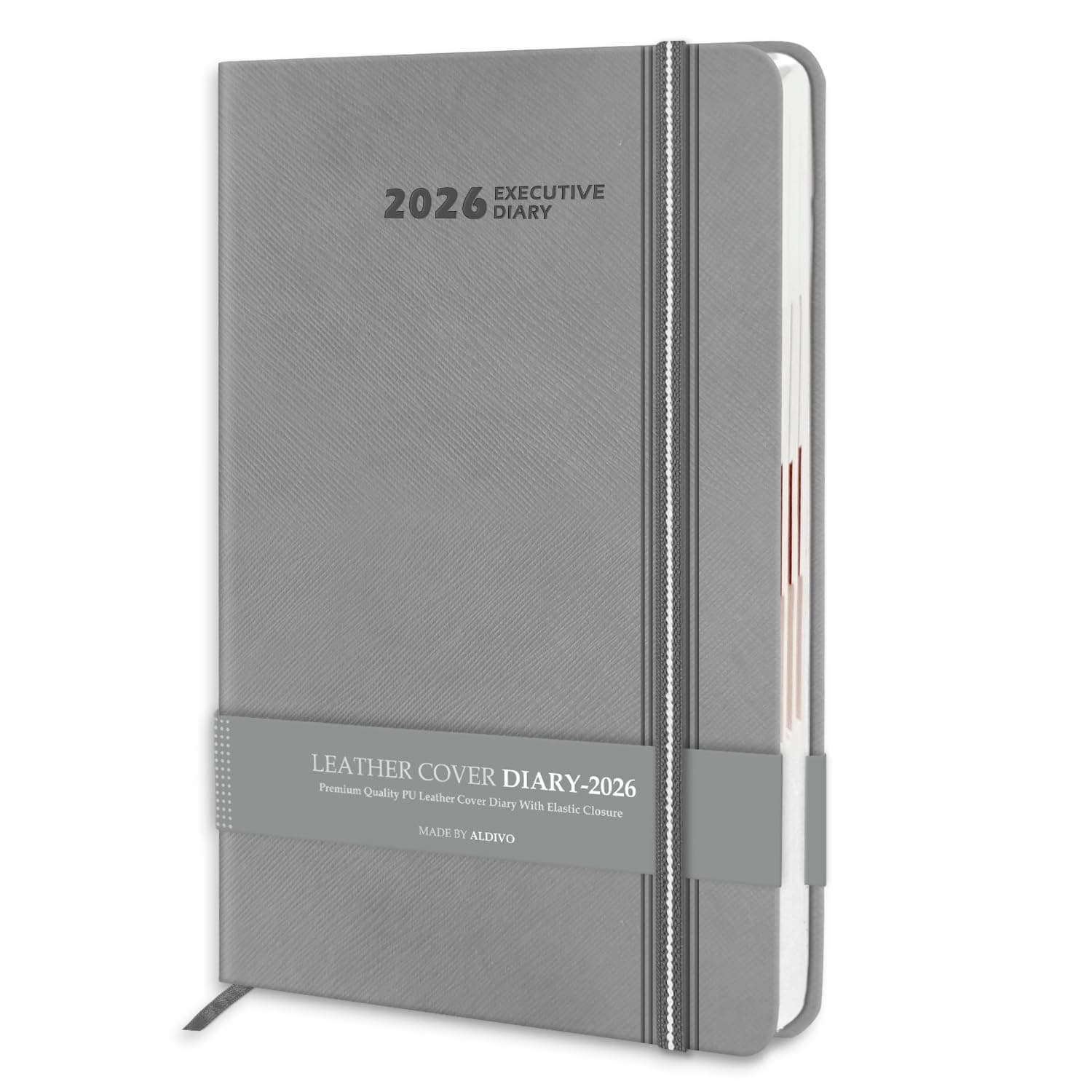 ALDIVO Signature Series Premium Grey Texture Leather Diary 2026 - A5 Dated Hardbound Executive New Year Diary 2026 with Elastic Closure & Double Ribbon Bookmarks | 344 Pages