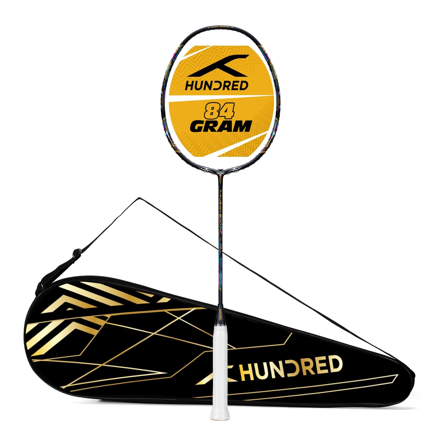 Hundred T-Fusion 500 Attack Unstrung Badminton Racket with Full Cover | 84 Grams | Maximum Tension ≤32 to 34 lbs (Black/Charcoal)