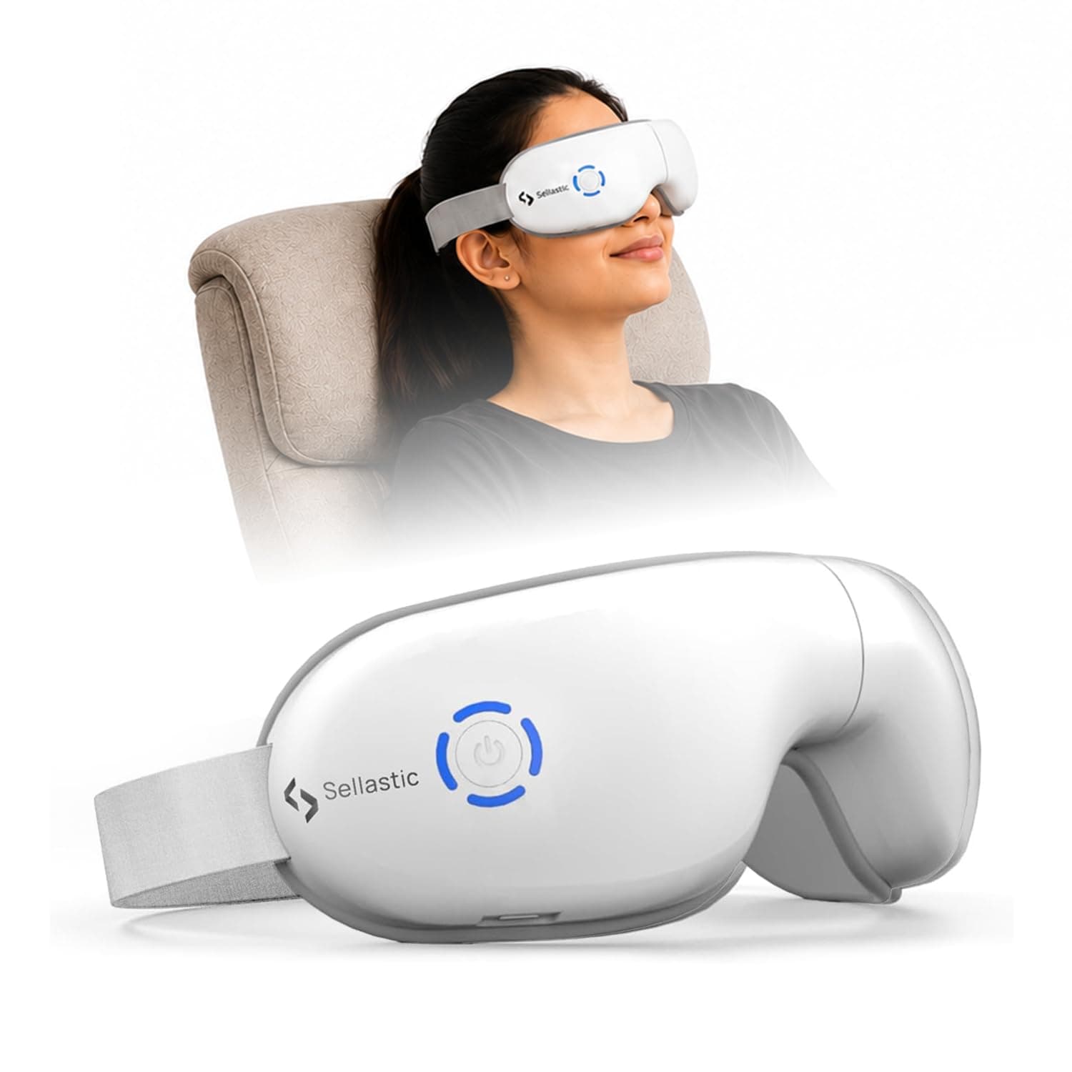 SELLASTIC Eye Massager with Heat Stress Relief Relaxation, Improves Sleep, Reduce Eye Strain Dark Circles, Sleeping, Puffy Dry Eyes, Air Compression Massage with 5 Modes, Bluetooth Music - 1 Year Warranty
