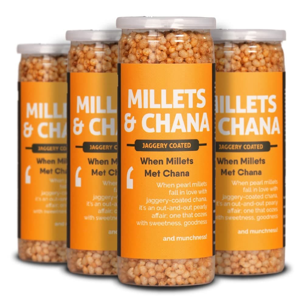 Omay Foods Millets and Jaggery Coated Chana, 55g Jar (Pack of 4) | Bajra Millet Snack | Gur Chana | Oil Free | No Added Sugar | Gluten Free | Healthy Trail Mix Snack for Weight Loss