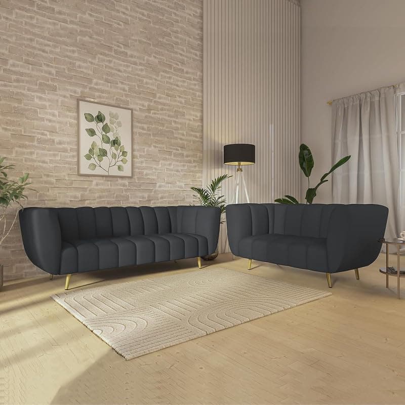 Wakeup India Sofa | Mushy Premium Fabric Sofa Set | 5 Seater Sofa | Pocket Spring Cushion | Metal Leg with Golden Polish (Dark Grey, Seating-3+2) | 3 Years Warranty