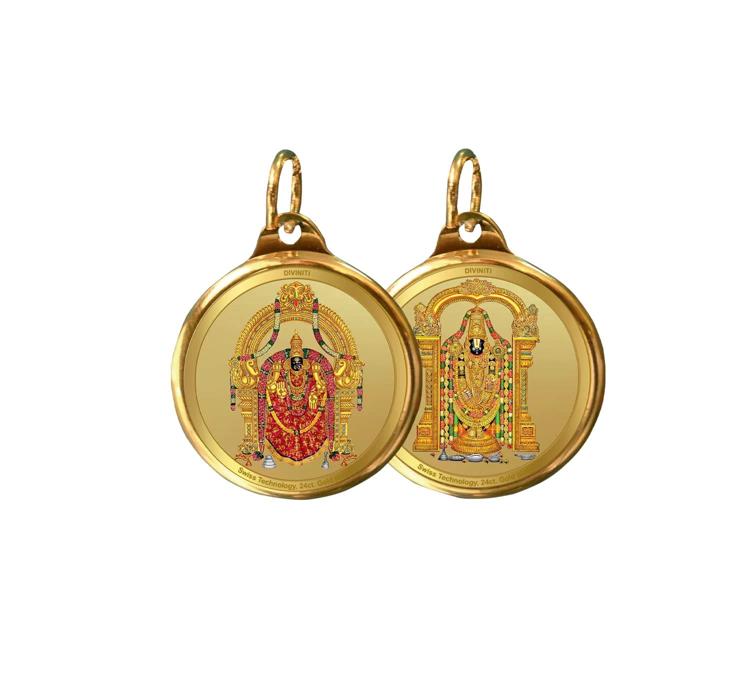 DIVINITI 24K Gold Plated Padmavathi & Tirupati Balaji Pendant | 22MM Double Sided Gold Locket for Men & Women | Spiritual Religious Temple Jewellery Necklace Gift