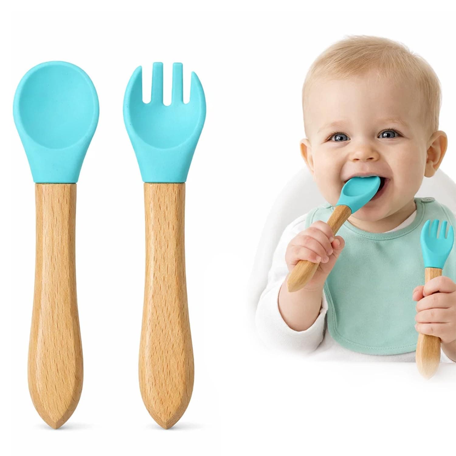 BabyGo Baby Spoon and Fork Set, Soft Silicone, Wooden Handle, Cutlery Set, BPA Free, Pack of 2 (Light Blue)