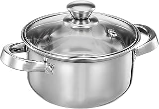 Amazon Brand - Solimo Stainless Steel Casserole with Glass Lid | Gas Stove Compatible | Dishwasher-Safe | 14 cm