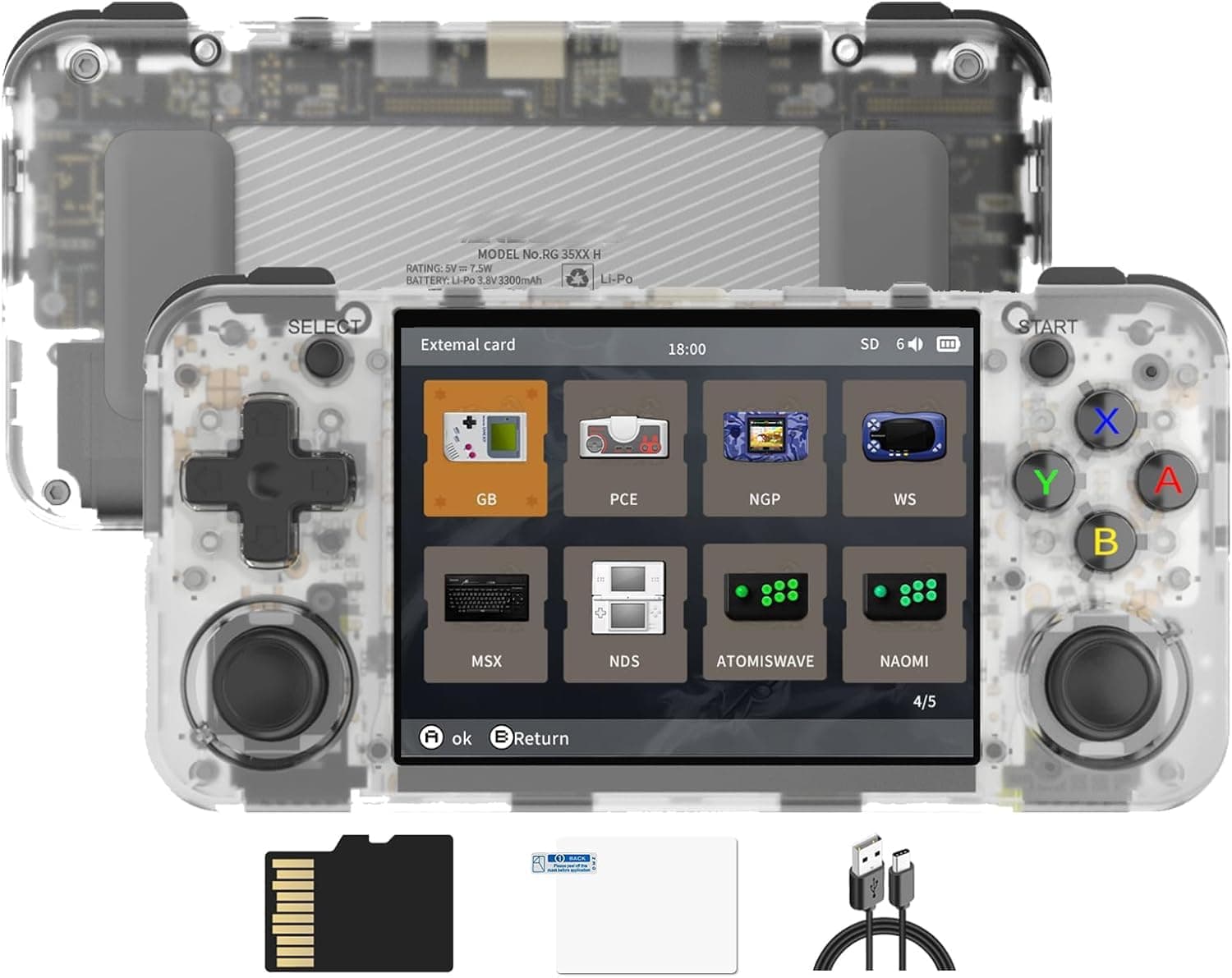 New World an/bernic RG35XX H Retro Handheld Game Console 3.5 in IPS Screen Built-in 3300mAH Battery 64G TF Card Classic Games (White)