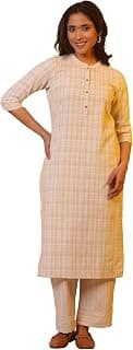 Aurelia Women Beige Checked Rayon Blend Co-Ord Kurta Set with Palazzos