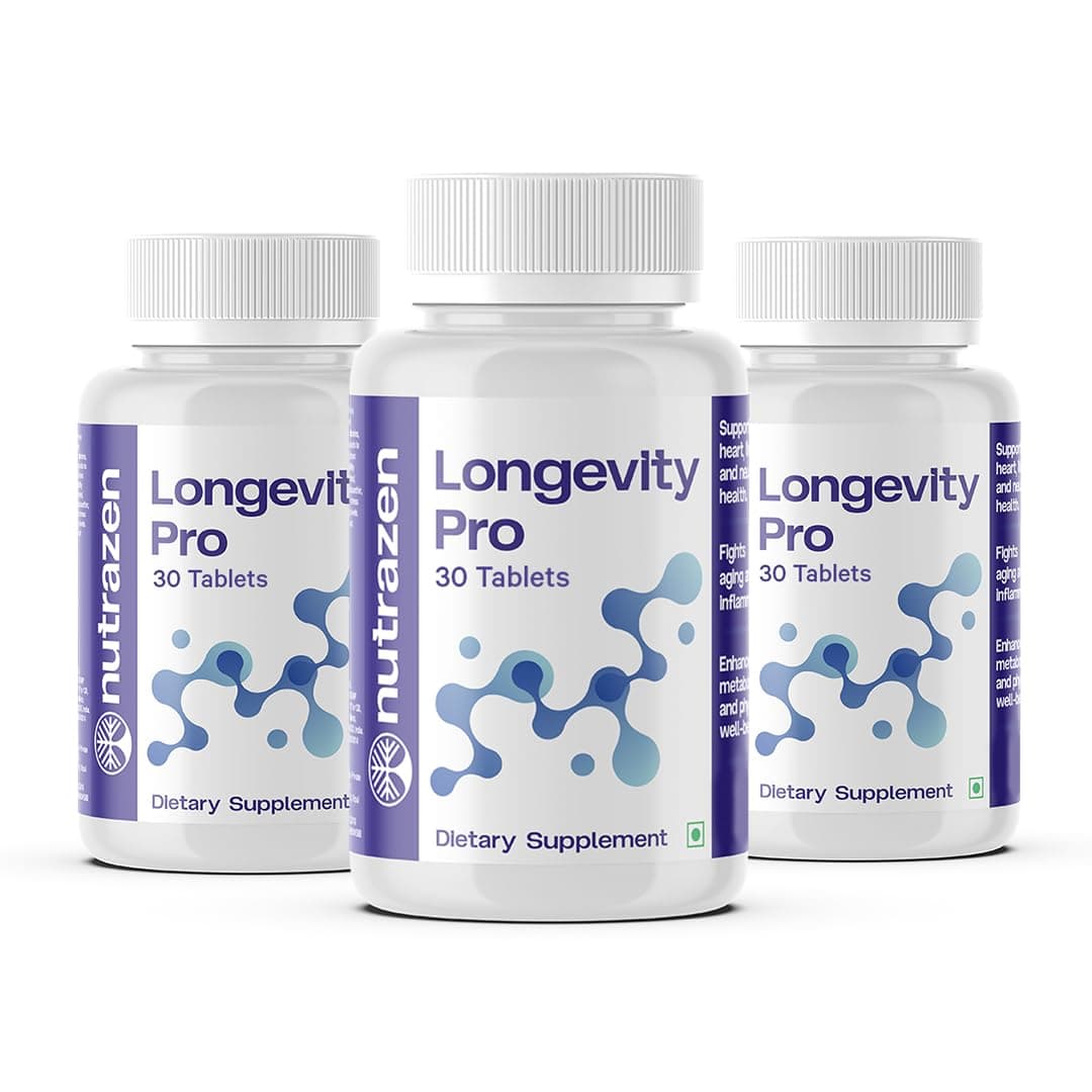 Nutrazen Longevity Pro - Pack of 3, 90 Tablets | Resveratrol, CoQ10, AHA | L-Acetyl Carnitine,EGCG, Curcumin, L-Camosine, Hyaluronic Acid, Fisetin, Apigenin, Astaxanthin, Spermidine, Lycopene