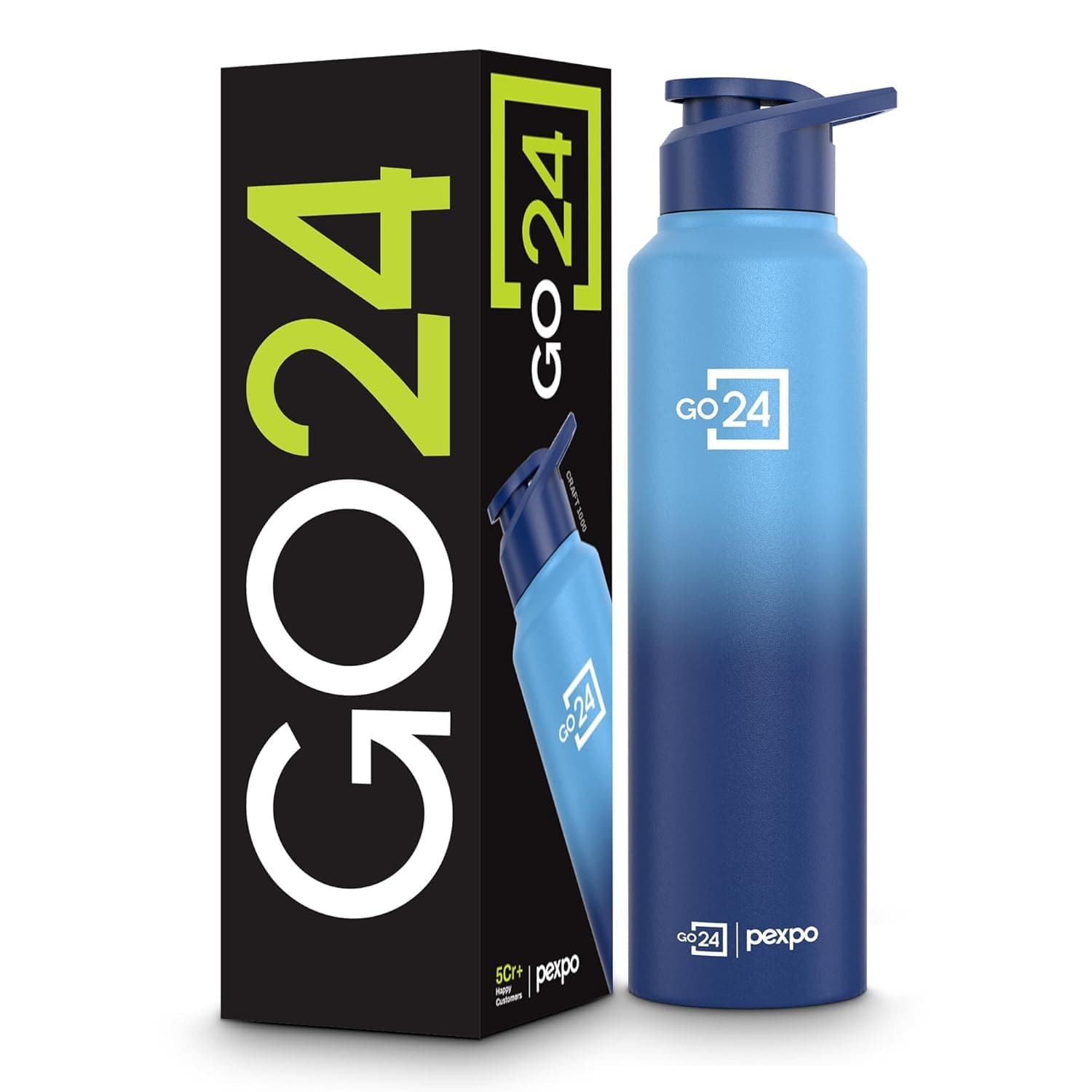 Go24 pexpo Water Bottle 1 ltr Stainless Steel Sports/Fridge Bottle with Sipper Cap | 1-Year Warranty | Single Wall | For Home, Office, Gym | Lightweight | Craft Pro 950ml | Blue-Denim Blue Ombre