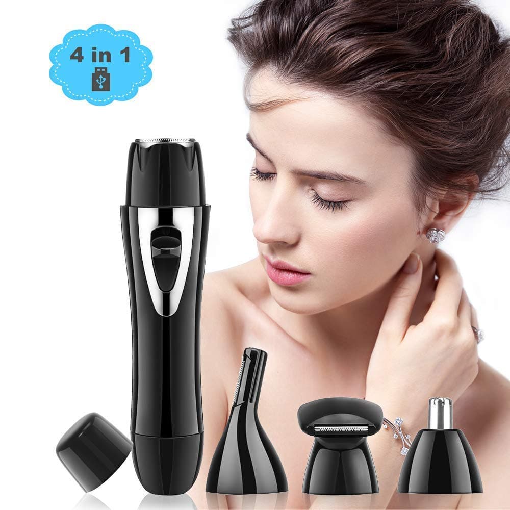 Painless 4 in 1 USB Rechargeable Waterproof Painless Facial Hair, Eyebrow, Nose Electric Trimmer for Women (Black) (Black)