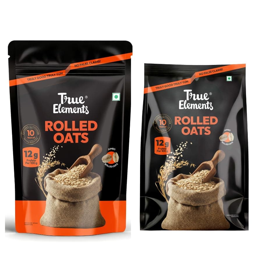 True Elements Rolled Oats with Free Refill Pack 2.2 Kg (1.2 kg + 1 Kg) | 100% Wholegrain | High Protein | High Fibre | Ready to Cook Breakfast | Gluten Free | Oats for Weight Management