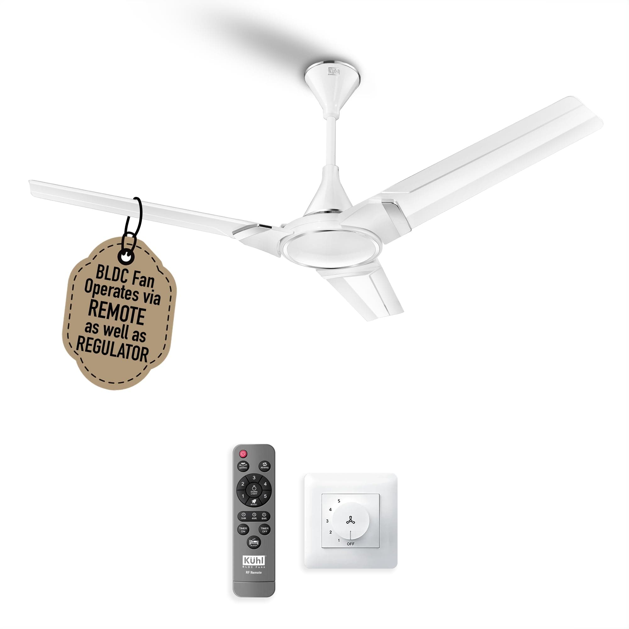 KUHL Prima A3-DUO 1200mm BEE 5-Star BLDC Ceiling Fan | 29W Energy Saving (Up to 65%) | High Airflow & Low Noise | Remote as well as Regulator Operated | 5 Year Motor Warranty | ISI Marked (White)