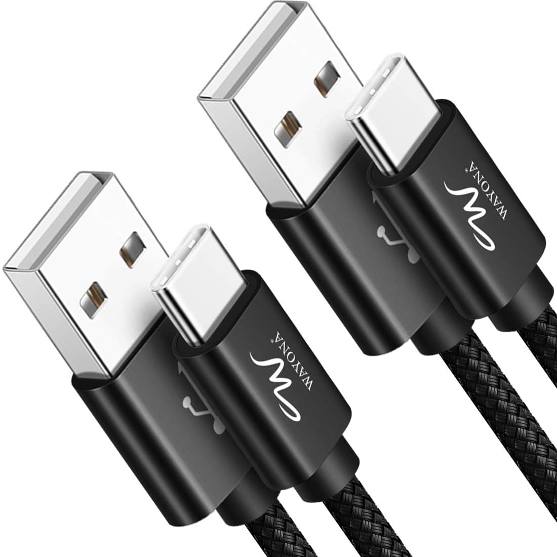 Wayona USB Type C (2Pack) Nylon Braided long 6FT/2meter Fast Charging Cable for iPhone 15, 15 Pro, 15 Pro Max, 15 Plus, s24, s23 Ultra, s22, s21, s20, M34, M15 5G, A55, M14 (6 FT Pack of 2, Black)