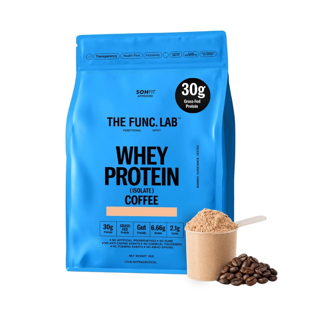 The Func. Lab Whey Protein Isolate - Coffee Flavour | 1 kg | Grass‑Fed, 30g Protein, 6.66g BCAA per Scoop | High Protein Supplement for Muscle Growth, Digestion and Absorption Support