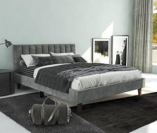 STRATA FURNITURE Wooden Queen Size Bed Cot Bed Furniture Upholstered Double Bed for Bedroom Living Room Home - Grey Finish