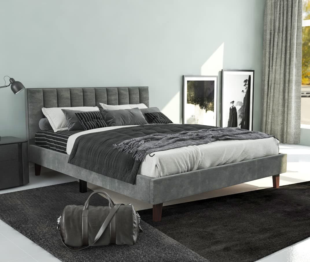 STRATA FURNITURE Wooden King Size Bed Cot Bed Furniture Upholstered Double Bed for Bedroom Living Room Home (Grey Finish)