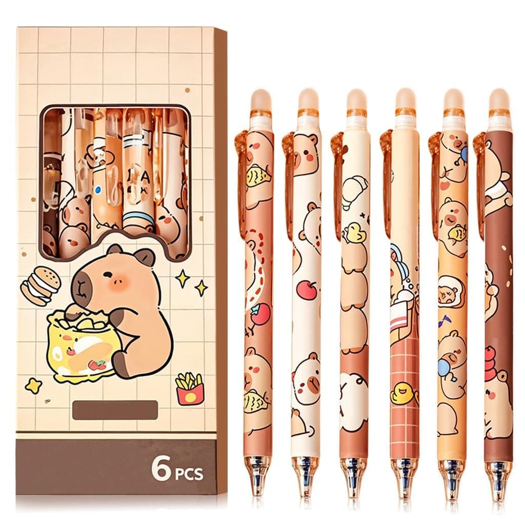 Veemok 6Pcs Erasable Gel Pens with Rubber Eraser Cap Blue Ink Cute Cartoon Capybara Student Writing Pens Office Stationeries Gift Set