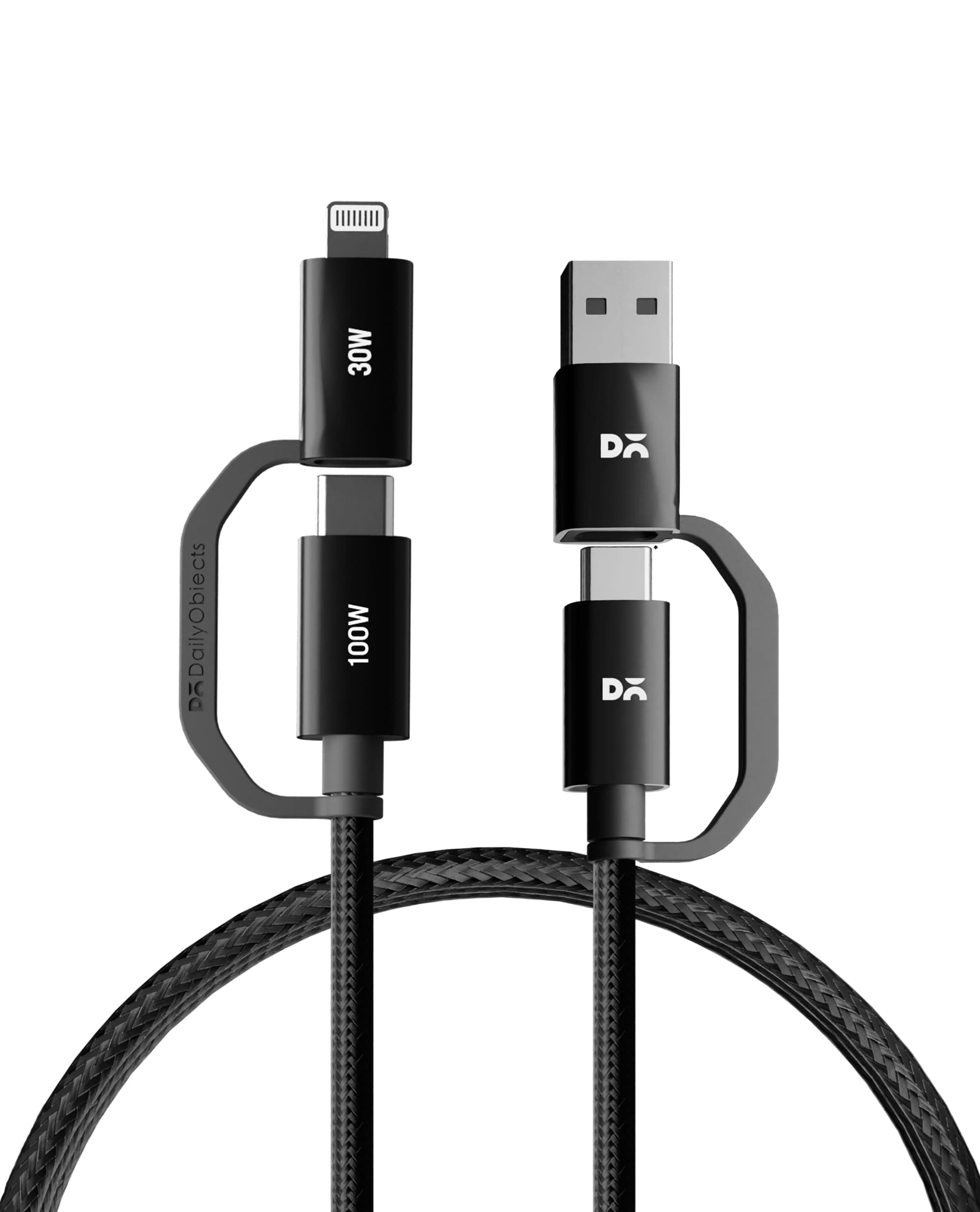 DailyObjects SURGE Kevlar Core 4-in-1 100W Charging Cable|USB-A,Type-C,Lightning|Fast Charging,480Mbps Data Transfer,Data Sync|Compatible with Android & iOS Smartphones,Tablet/Ipads & Macbook,Black