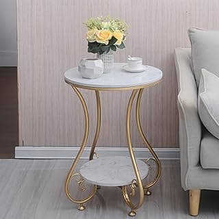Modern Double-Top Coffee Table with Rustic Farmhouse Accent, Multipurpose Living Room Bedroom, Two-Tier Small Sofa Side Bedside Table with Metal Frame Nightstand (Gold White)