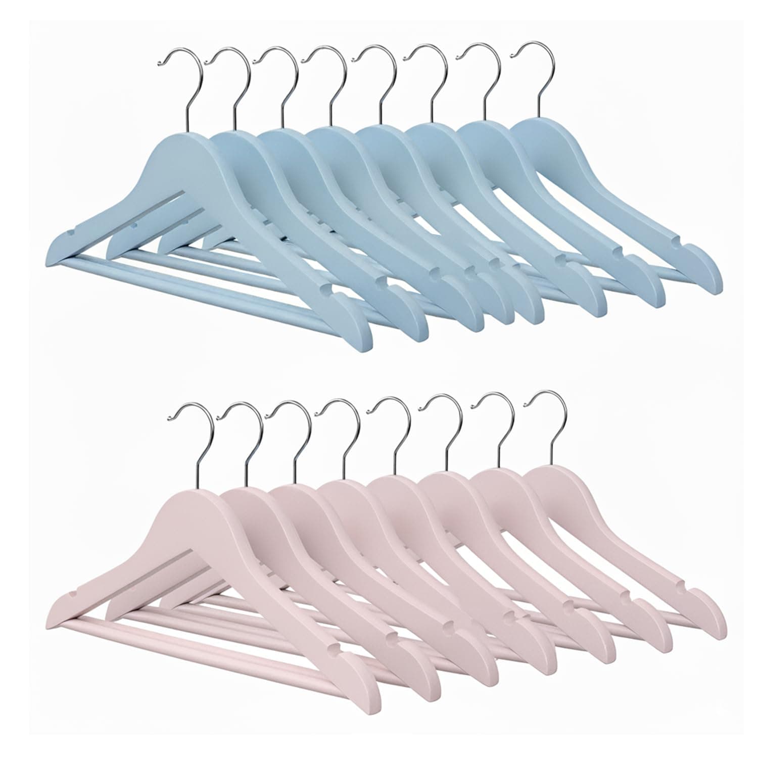 Amazon Basics Wooden Hangers for Kids – Glossy Finish, Chrome Hook, Pant Bar, 2kg Load Capacity, Pack of 10 Blue & 10 Pink, Pack of 20 (Size: 32L × 20H × 1.2W cm)
