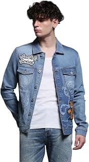 JACK & JONES Men Washed Colourblocked Crop Denim Jacket with Patchwork