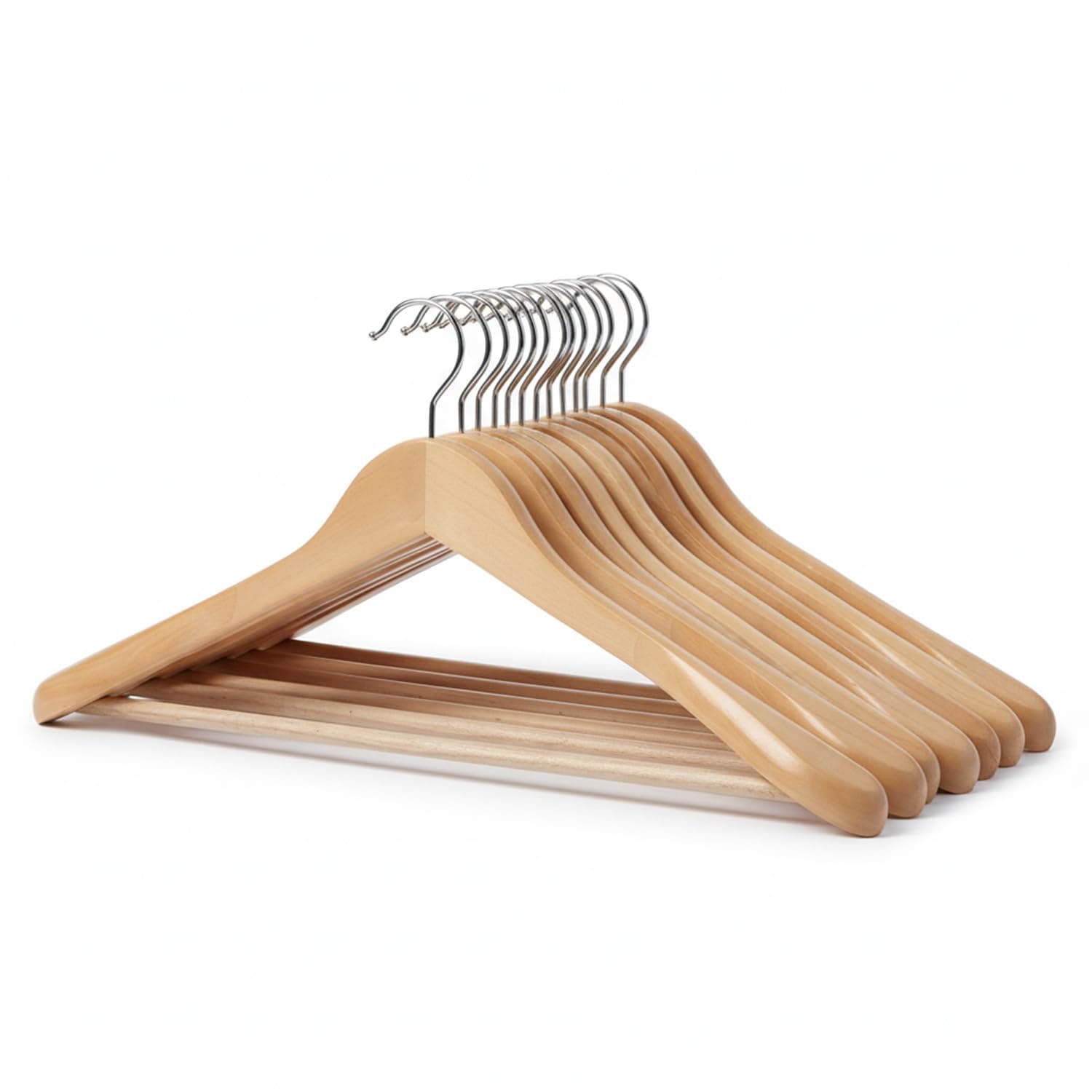 Amazon Basics Wooden Hangers – Broad Shoulder, Natural Wooden Color, Glossy Finish, Pant Bar, 360° Hook, 5kg Capacity, Pack of 20 (Size: 44.5L × 23H × 5.5W cm)
