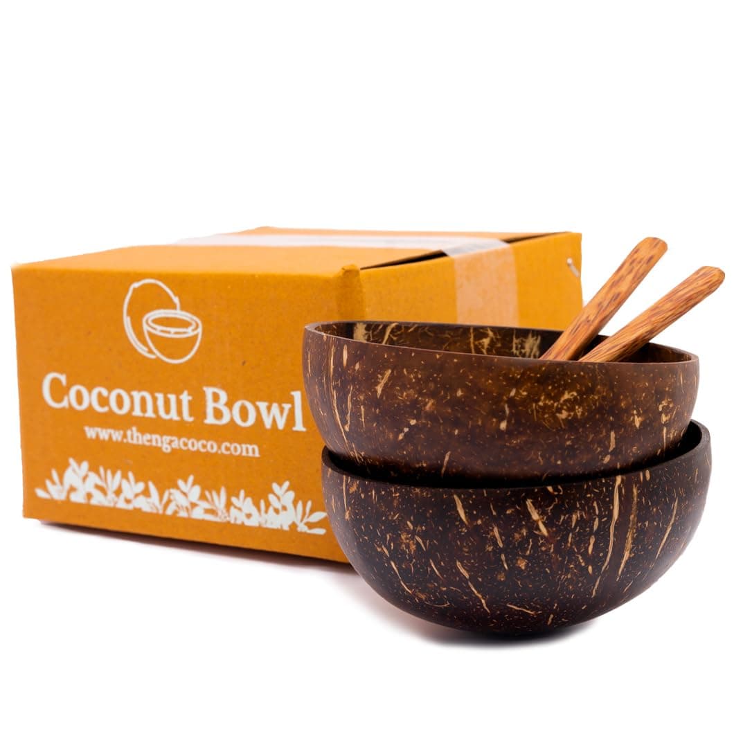 Thenga Coconut Shell Bowl + Spoon Set | 500 ML Eco-Friendly Handmade Natural Bowls for Smoothies, Cereals, Salads & Snacks | Toxin-Free Tableware – Pack of 2 with Wooden Spoons