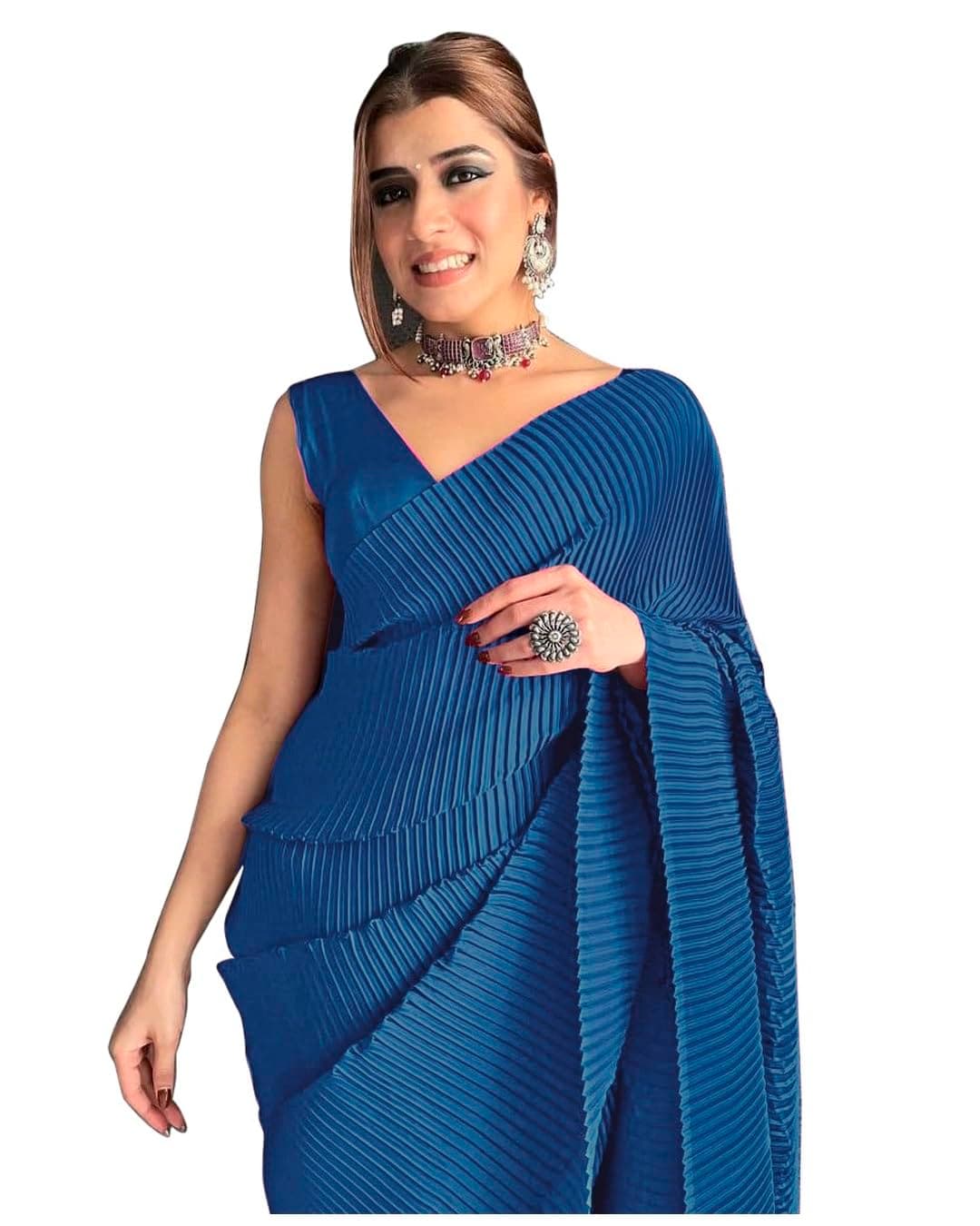 Sidhidata Women's Full Crushed/Pleated Satin Saree With Unstitched Blouse Piece