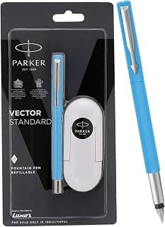 Parker Vector Standard Fountain Pen |Ink Color Blue | Fine Nib, Blue Body with Chrome Trim | Refillable Ink Pen with 3 Free Blue Ink Cartridges | A Premium Writing Experience for Everyone