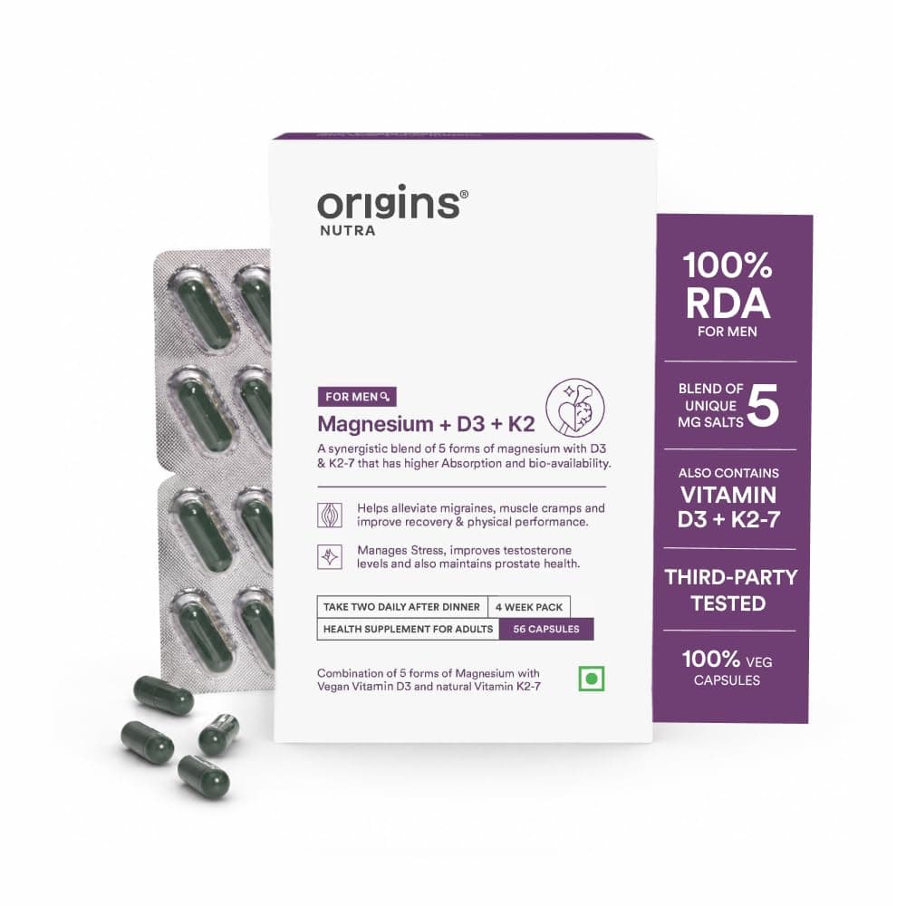 Origins Nutra 5-in-1 Magnesium + D3 + K2 for Men | 100% RDA of Magnesium, D3 & K2 | 56 Veg. Capsules | Supports Muscle Health, Energy & Stress Management | GMP Certified | Pack of 1