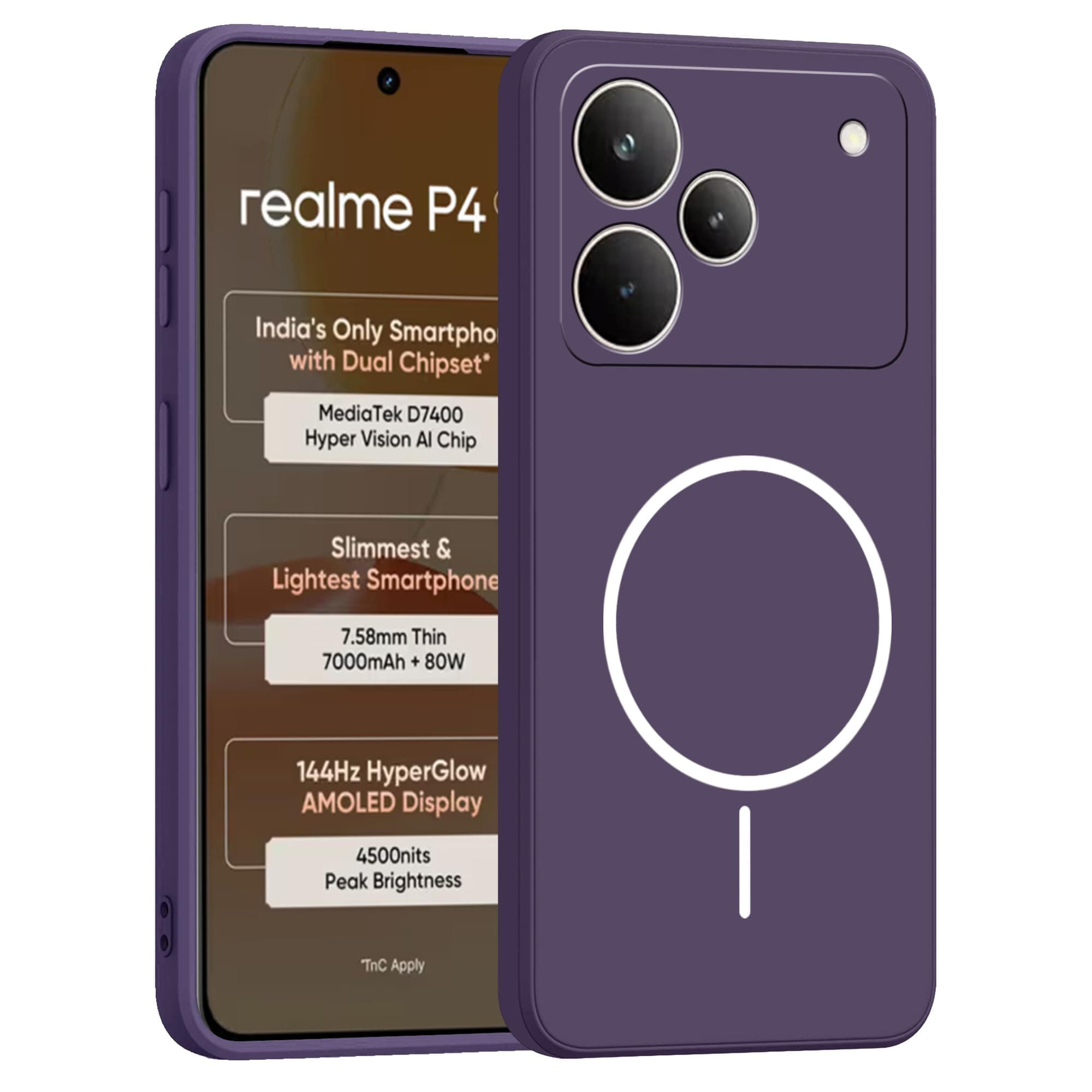 amazon basics Back Cover for Realme P4 5G | Ultra Slim Soft Rubberised Case | Magsafe Logo Printed (Not Magsafe Compatible) | Camera Protection - Purple