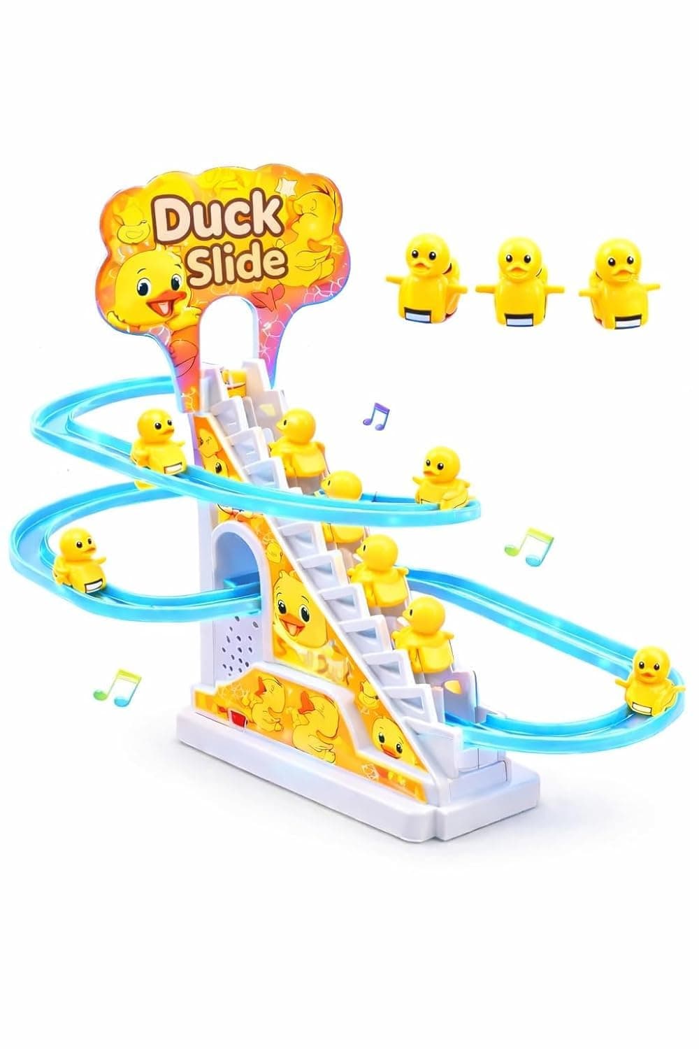WireScorts Duck Track Toys for Kids - Small Ducks Stair Climbing Toys for Kids, Escalator Toy with Lights and Music - 3 Duck Included - Duck Track Yellow