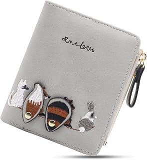 PALAY Small Wallets for Women, Cute Mini Animals Embroidery, Short Wallet Card Holder Billfold Leather Purse Wallet Gift for Girls (Grey)