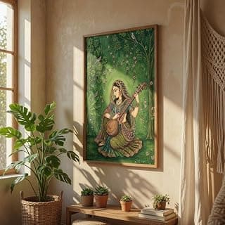 Livin'luxe Indian Classical Musician Lady Wall Art with Wooden Frame | Traditional Folk HD UV Laminated Print on MDF | Vintage Cultural Painting for Living Room Bedroom Decor 13.5 x 19.5 Inch