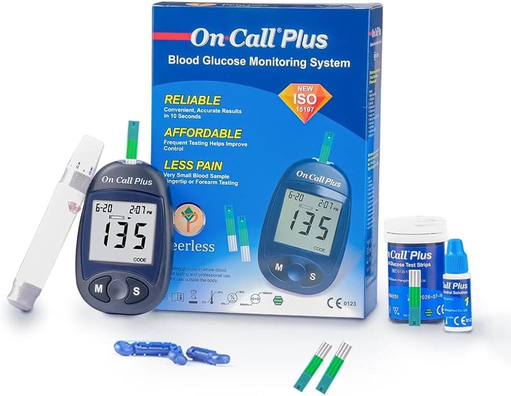On Call Plus Blood Glucose Monitoring System | Glucometer Kit with Meter, Lancing Device, 10 Lancets, Carry Case & User Manual | Fast & Accurate Blood Sugar Testing for Home and Clinic Use
