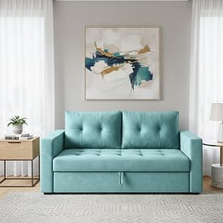 FURNY Trisso 2 Seater Fabric Pull-Out Sofa Cum Bed (Sky Blue) - Premium Velvet Finish - Durable Comfort - Ideal for Living Room
