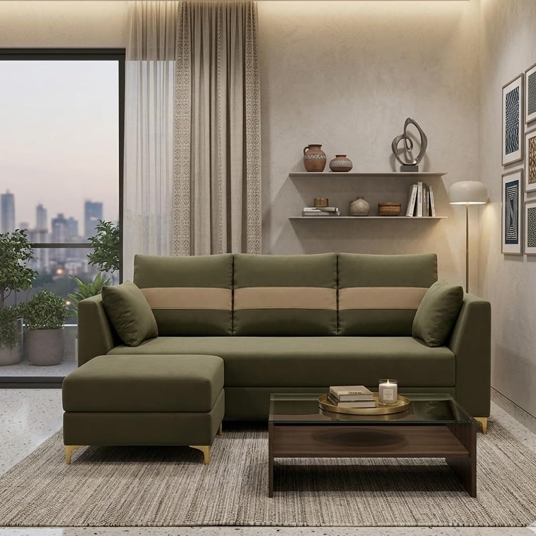 CASASTYLE Signature Crescent 4-Seater L-Shape Sofa Set with Movable Ottoman | Flexible LHS/RHS Layout | Boston Fabric | 40D Foam + Zigzag Spring | 3-Yr Warranty (Olive & Warm Beige)