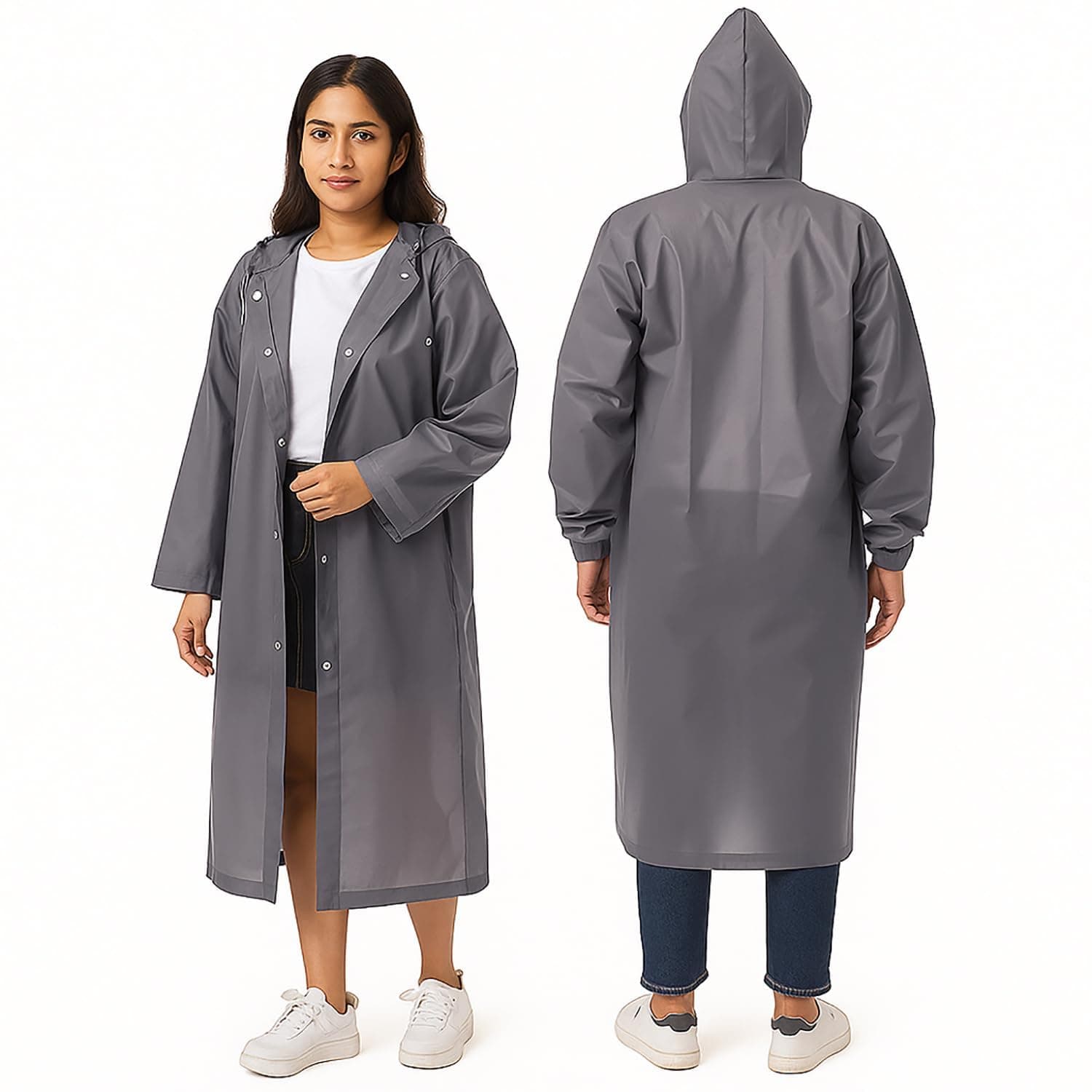 HACER EVA Rain Poncho rain coat for Men & Women, Lightweight Waterproof Raincoat with Hood, Adjustable Drawstring & Snap Button Closure, Reusable Outdoor Rainwear for Boys & Girls (Free Size, Grey)