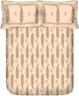 Portico Dazzle Floral Block Print Bedsheet Set, Beige with Green and Orange Motifs, Traditional Indian Pattern