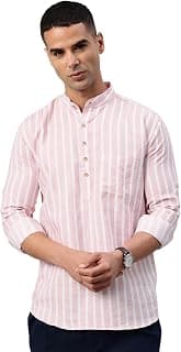Majestic Man Men's Pure Cotton Striped Mandarin Collar Slim Fit Roll-Up Sleeves Short Kurta