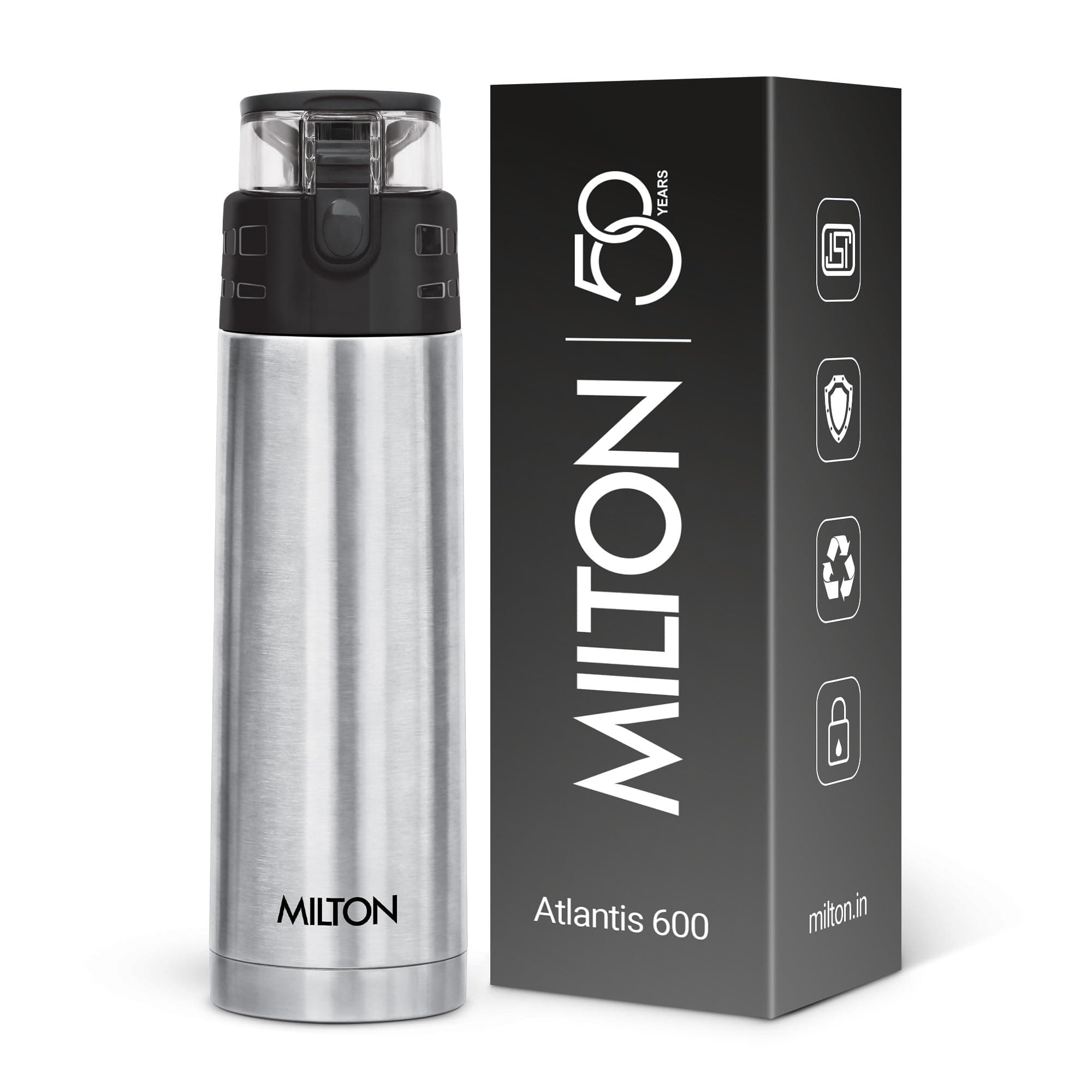 Milton Atlantis 600 Thermosteel Water Bottle 500 ml, 24 Hr Hot and Cold I Leak Proof Lid, ISI Certified I Vacuum Insulated I for Office, Gym, School I Silver