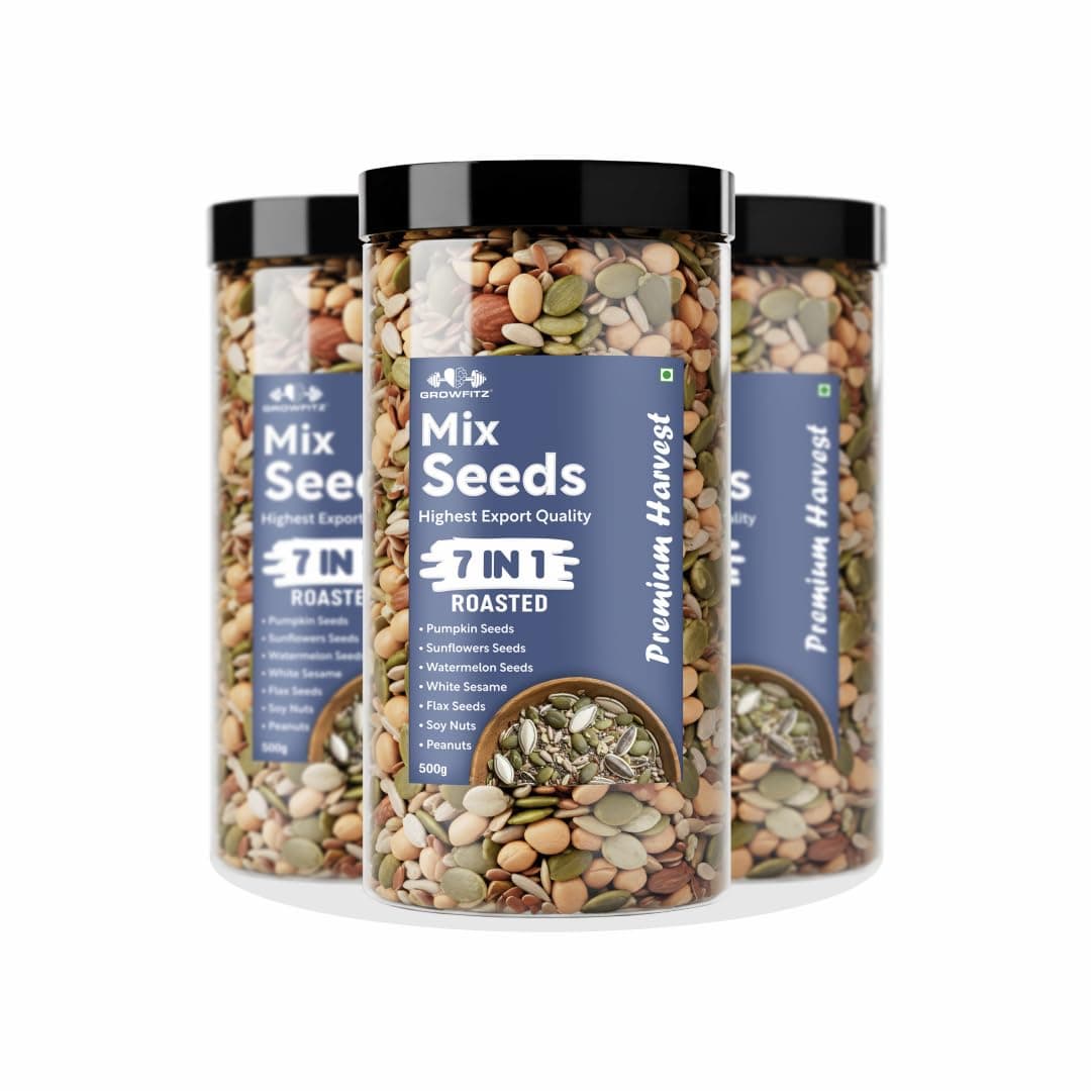 Growfitz 7-in-1 Super Seed Mix | Pack of 3 (500g Each)| 24.4g High Protein & Fiber | Roasted Pumpkin, Sunflower, Flax, Chia, Soy Nuts & Sesame | Healthy Snack |