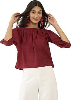 Zink London Maroon Textured Off-Shoulder Top for Women