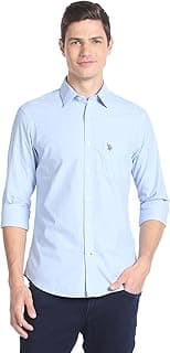 U.S. POLO ASSN. Men's Blue Solid Spread Collar Collared Neck Full Sleeve Casual Cotton Regular Fit Shirt