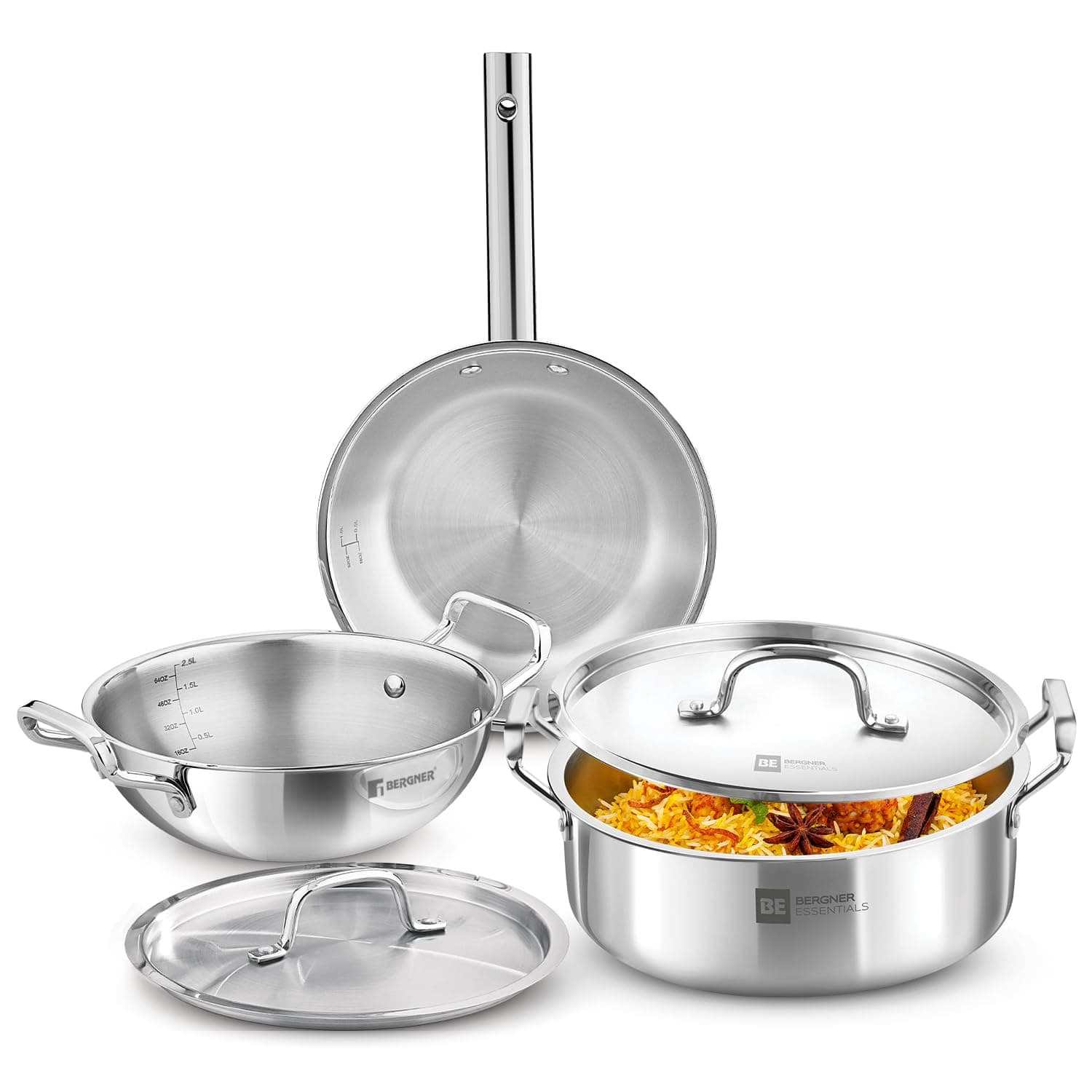 Bergner Tripro BE Essentials 5 Pc Triply Cookware Set - Kadai 24cm/3L with Lid, 22cm/1.5L Frypan, Shallow Biryani Pan 28cm/5.8L with Lid, Less Oil Use, Healthy Cooking - Induction and Gas Stove Ready