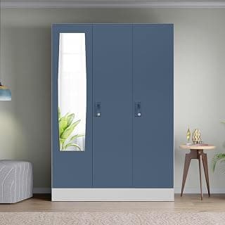 Interio by Godrej Slimline 3-Door Steel Almirah with Plain Mirror (Blue Fusion), 1-Year Warranty, 1 Locker, 2 Drawers