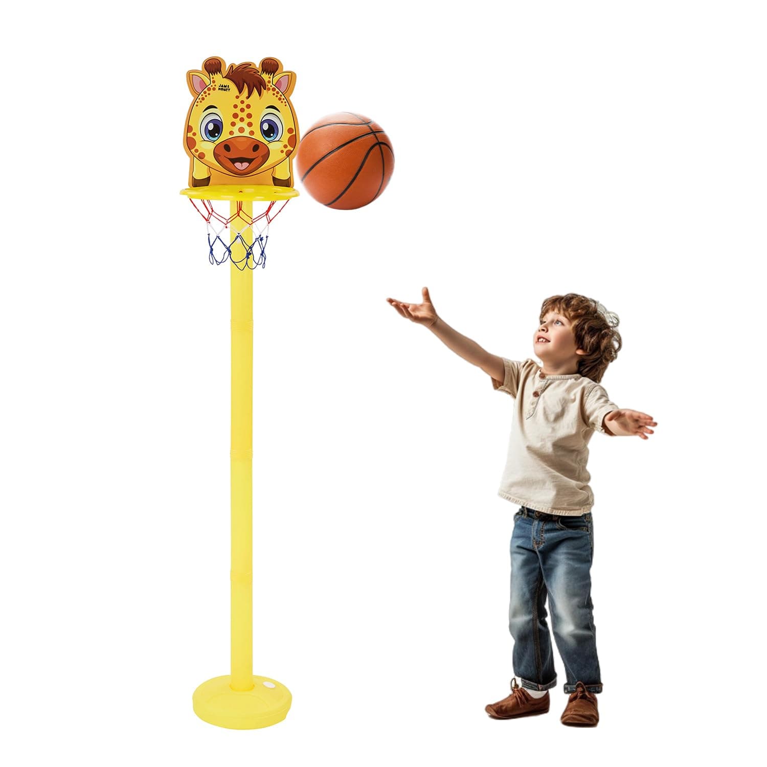 Amazon Brand - Jam & Honey Kids Basketball Hoop Set 3+ Years, Giraffe-Themed Height Adjustable Stand with Ball, Indoor Outdoor Sports Toy, BIS Certified Child Safe for Boys & Girls