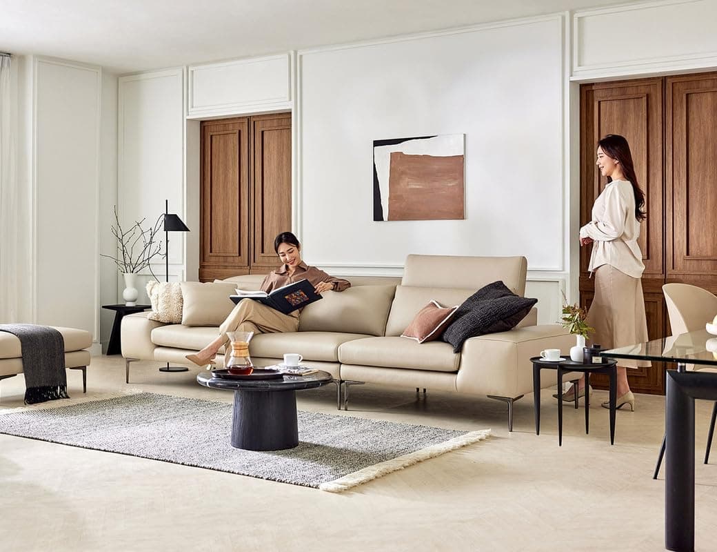 Fabrique Heaven 4 Seater with Puffy Leatherette Luxury Beige Sofa Set with Moveable Headrest - Comfortable Furniture for Home Office & Living Room - Easy to Move - Stainless Steel Legs
