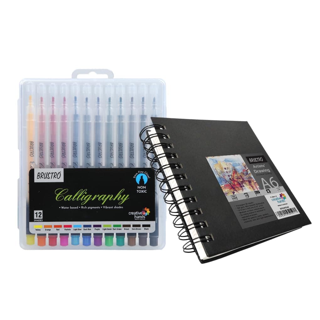 BRUSTRO Calligraphy Pen Set Of 12 With Artist Sketch Book, Multicolor