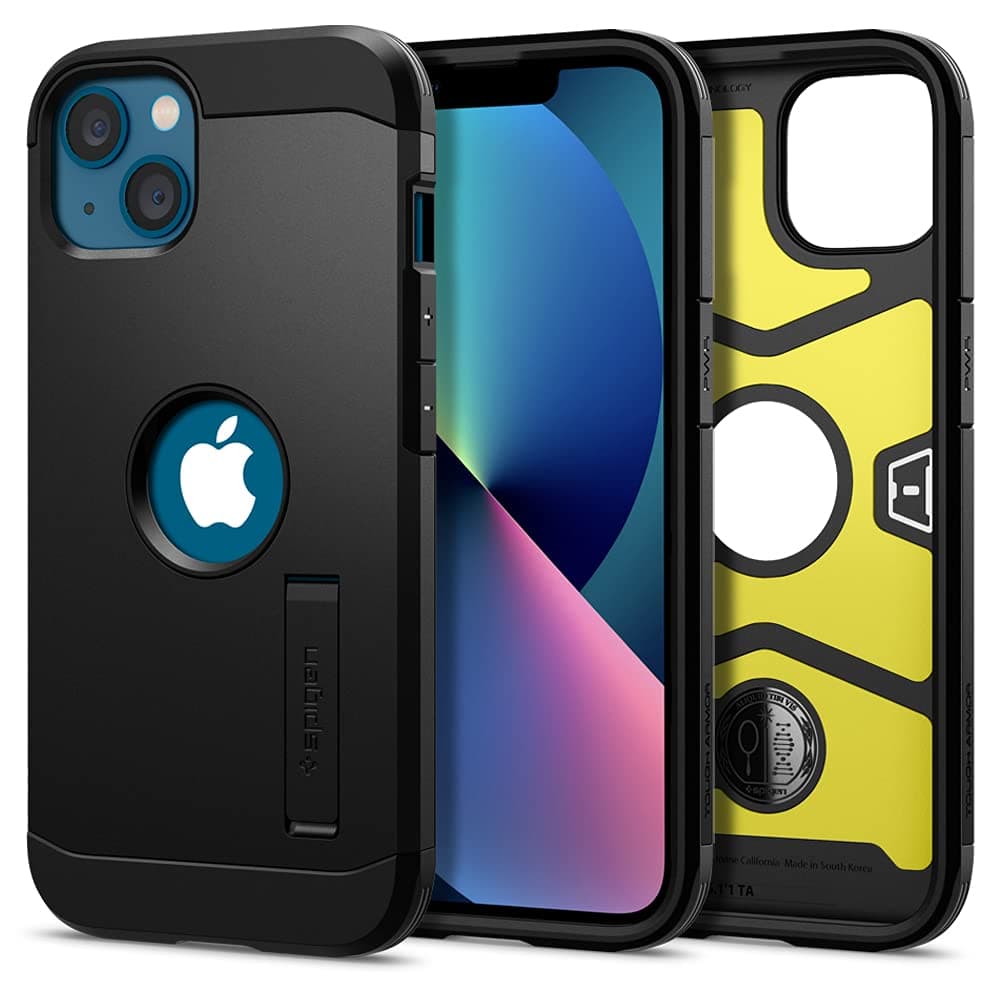 Spigen Tough Armor Back Cover Case for iPhone 13, Dual-Layer Extreme Protection, Integrated Kickstand - Polycarbonate + TPU | Black